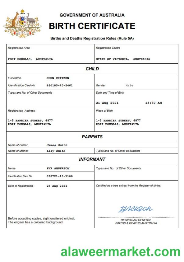Australia vital record birth certificate Word and PDF template